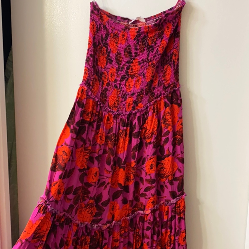 Pink and red flowered strapless maxi dress